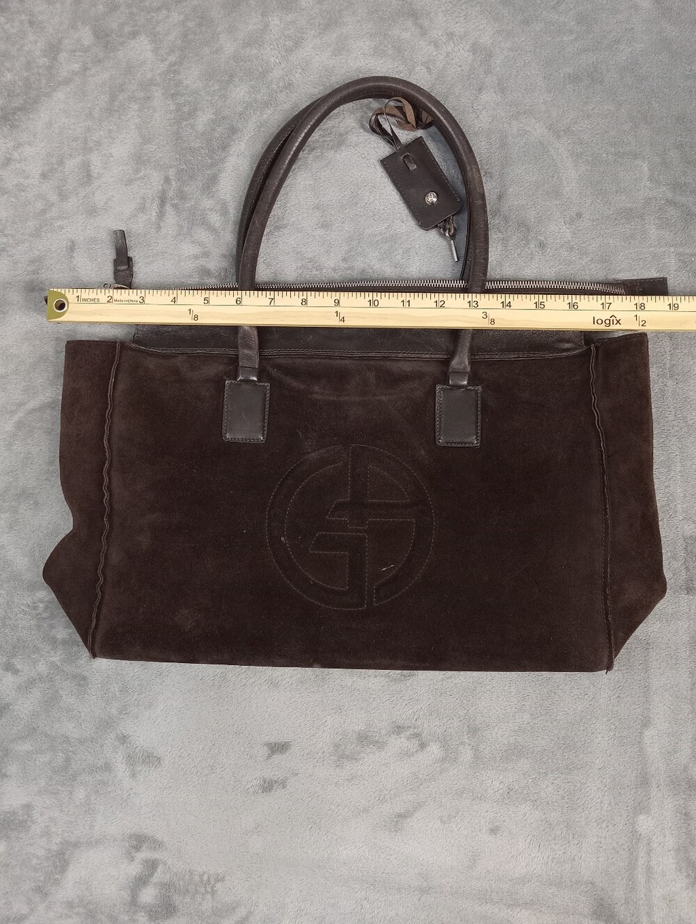 Georgio Armani Dark Brown Suede Women's Tote Bag with Leather Handles One Size - Picture 8 of 9